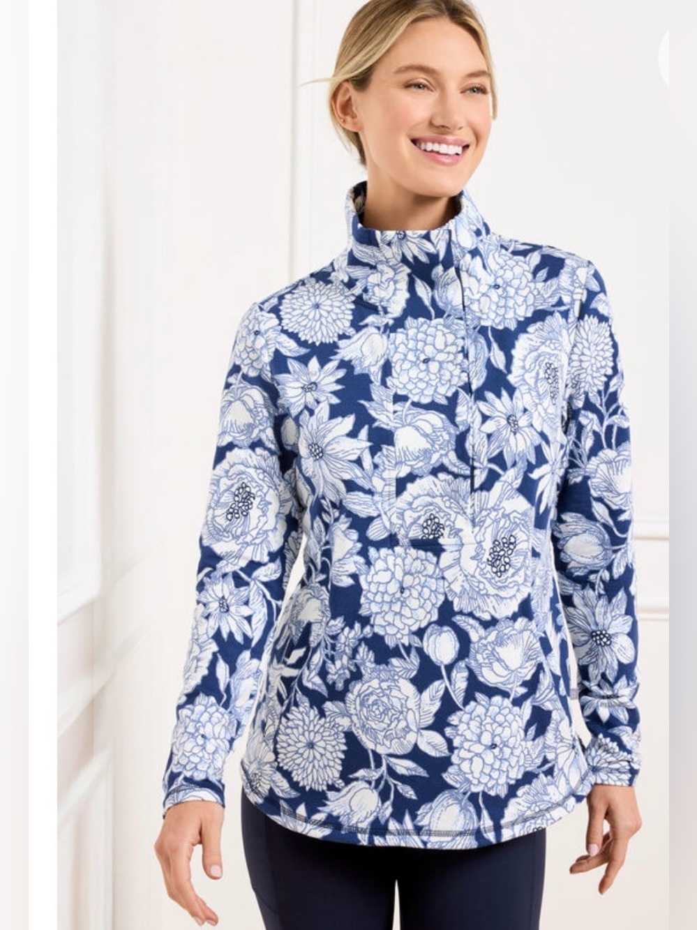 T by Talbots Blue Etched Floral Modal French Terry Snap Placket Pullover